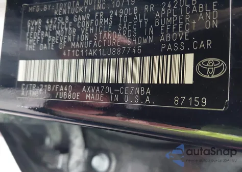 2020 Toyota Camry Le z USA, uszkodzony, nr VIN 4T1C11AK1LU887746